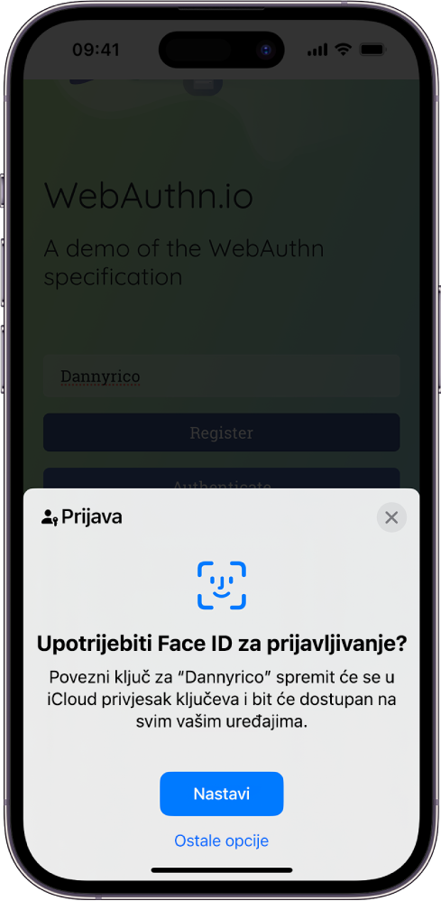 Na donjoj polovici zaslona iPhonea nalazi se opcija za uporabu poveznih ključeva za prijavljivanje na web stranicu. Sadrži tipku Nastavi za spremanje poveznog ključa i tipku Ostale opcije.