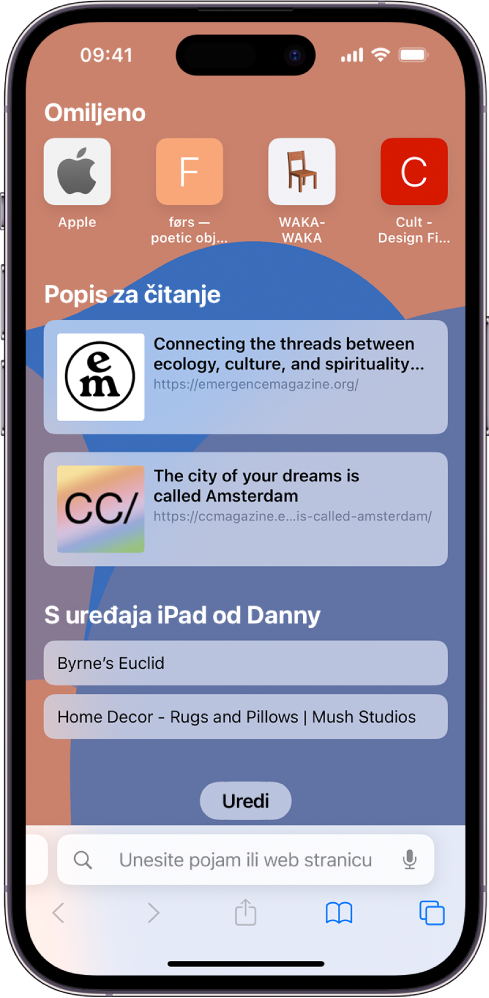 Početna stranica u Safariju s omiljenim web stranicama, web stranicama spremljenim u Popis za čitanje i web stranicama koje su otvorene na vašem drugom Apple uređaju. Na dnu zaslona nalazi se tipka Uredi.
