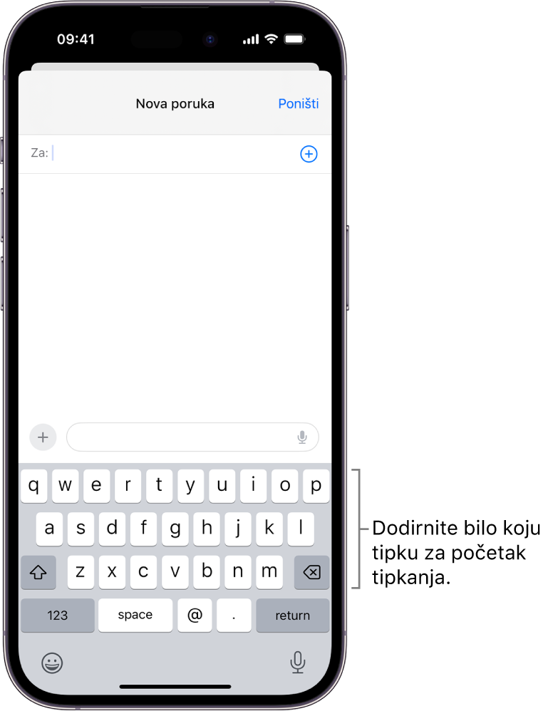 U aplikaciji Mail otvoren je prazan e-mail. Zaslonska tipkovnica nalazi se u donjoj polovici zaslona.