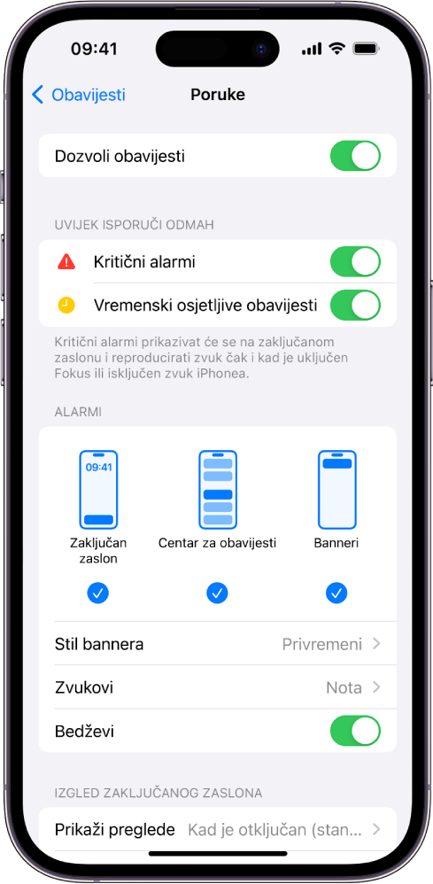 iPhone s postavkama Poruka za obavijesti i upozorenja.