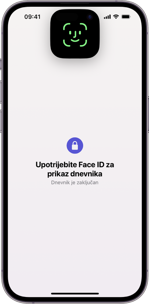 Zaslon koji vas traži da Face ID-jem otključate svoj dnevnik.