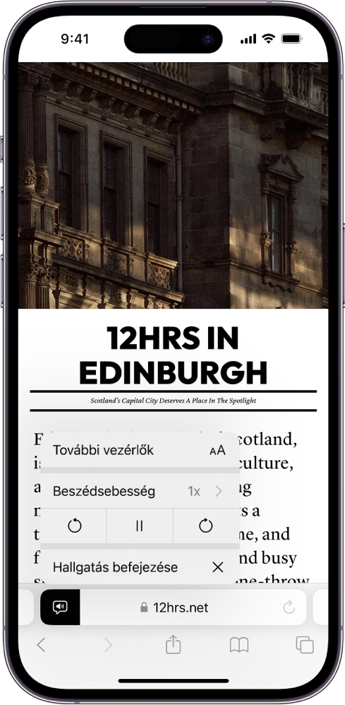 Egy megnyitott webhely a Safariban. Az Oldalbeállítások gomb ki van választva, és megjelennek a hallgatás vezérlői.