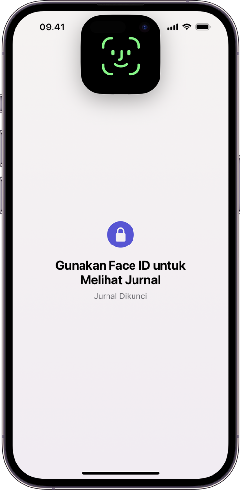 Layar yang meminta Anda untuk menggunakan Face ID untuk membuka jurnal Anda.