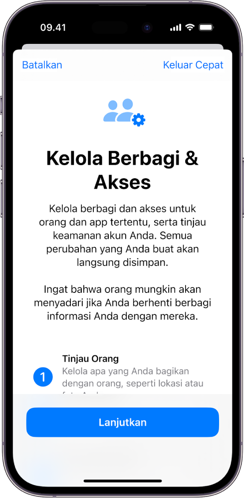 Layar Kelola Berbagi & Akses dengan informasi mengenai cara fitur berfungsi. Tombol Lanjutkan ada di bagian bawah.