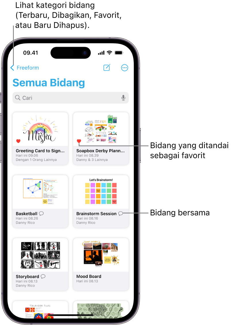 Layar Semua Bidang Freeform dibuka dan menampilkan delapan gambar mini bidang.