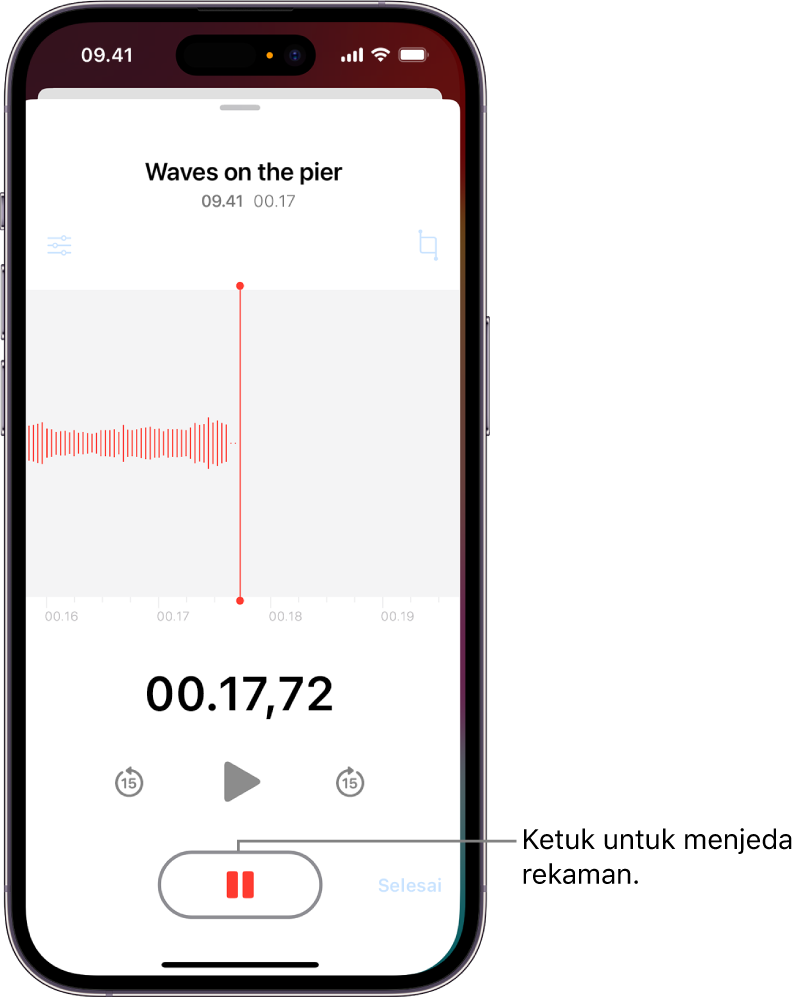 Rekaman Memo Suara, menampilkan bentuk gelombang rekaman yang sedang berlangsung, beserta indikator waktu dan tombol untuk menjeda rekaman.