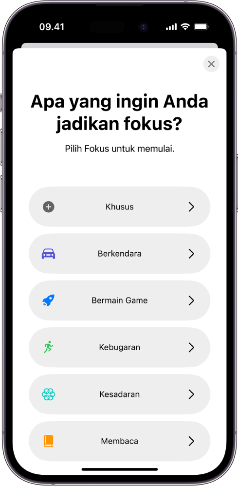 Layar pengaturan Fokus untuk salah satu pilihan Fokus tambahan yang disediakan, termasuk Khusus, Berkendara, Kebugaran, Bermain Game, Kesadaran, dan Membaca.