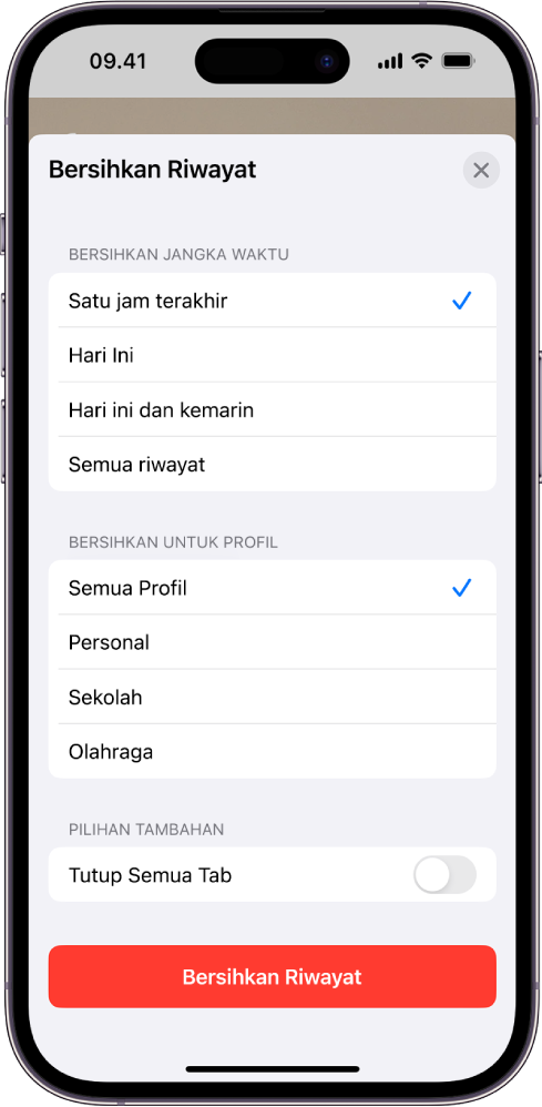 Menu Bersihkan Riwayat. Di bawah Bersihkan Jangka Waktu, Jam terakhir dipilih. Semua Profil dipilih di bawah Bersihkan untuk Profil. Tombol Bersihkan Riwayat ada di bagian bawah layar.