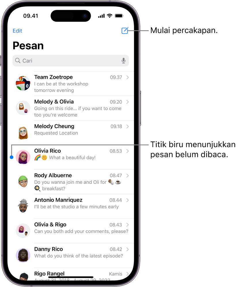 Daftar percakapan Pesan, dengan tombol Tulis di kanan atas. Titik biru di sebelah kiri pesan menunjukkan pesan belum dibaca.