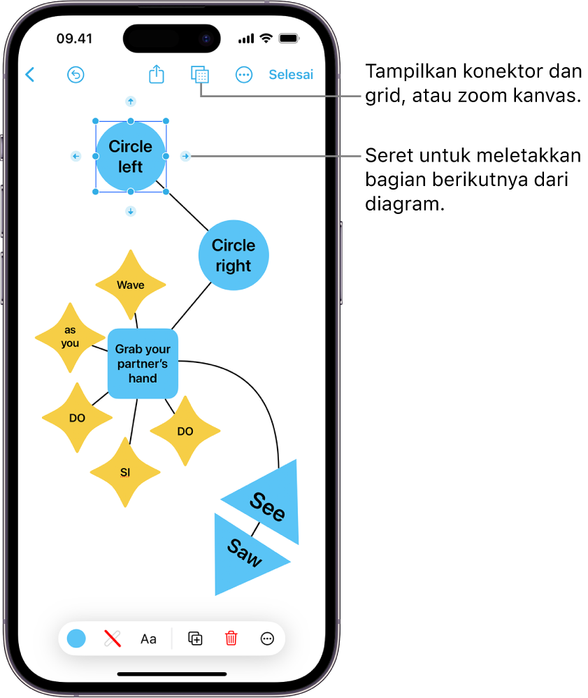 Diagram di bidang Freeform, dengan penghubung ditampilkan di bentuk yang dipilih, dan alat pemformatan bentuk terlihat di bagian bawah layar.