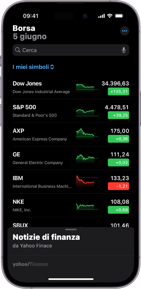 Una watchlist nell’app Borsa con un elenco di diverse azioni. Ciascuna azione nell’elenco visualizza, da sinistra a destra, il simbolo e il nome dell’azione, un grafico delle prestazioni, il prezzo dell’azione e le modifiche di prezzo. Nella parte superiore dello schermo, sopra la watchlist “I miei simboli”, viene visualizzato il campo di ricerca. Nella parte inferiore dello schermo vengono visualizzate le notizie di finanza. Scorri verso l’alto su “Notizie dal mondo della finanza” per visualizzare le storie.