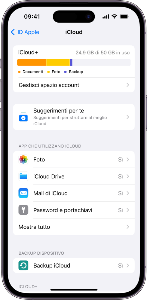 La schermata delle impostazioni di iCloud che mostra la barra dello spazio di archiviazione disponibile e un elenco di funzionalità, tra cui Foto, iCloud Drive e “Backup iCloud”, che possono essere utilizzate con iCloud.