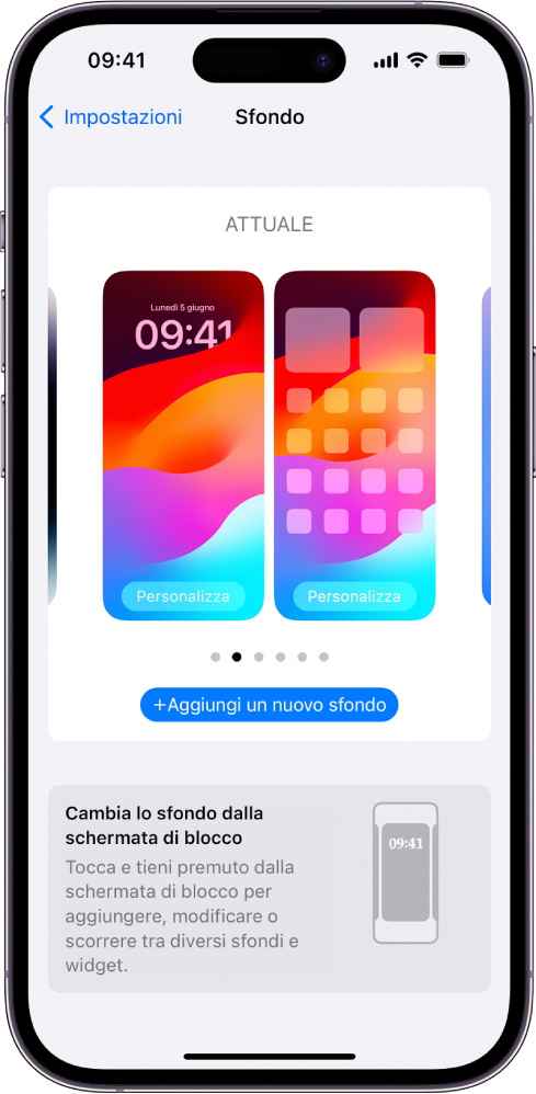 La schermata “Impostazioni sfondo” con i pulsanti per personalizzare lo sfondo attuale della schermata di blocco e della schermata Home e il pulsante “Aggiungi un nuovo sfondo” per modificare quello attuale.