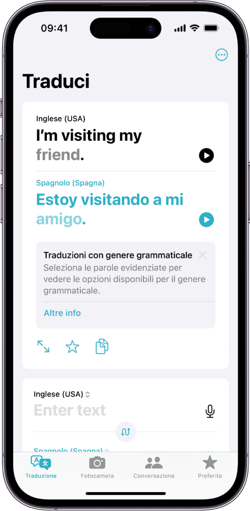 Il pannello di Traduci che mostra una frase tradotta dall’inglese allo spagnolo e una parola con diverse varianti per il genere evidenziata in grigio.