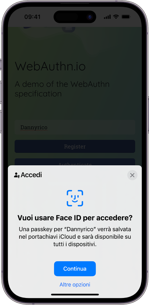 La metà inferiore della schermata di iPhone con l’opzione di utilizzare le passkey per accedere a un sito web. Viene visualizzato il pulsante Continua per salvare la passkey e il pulsante “Altre opzioni”.