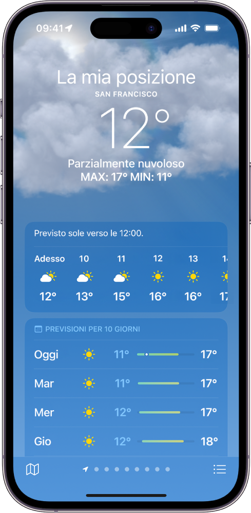 La schermata Meteo che mostra dall’alto in basso: la località, la temperatura attuale, la temperatura maggiore e minore del giorno, le previsioni orarie e le previsioni dei 10 giorni successivi. In basso al centro, una fila di punti mostra il numero di posizioni nell’elenco delle posizioni. Nell’angolo in basso a destra si trova il pulsante Elenco di luoghi e nell’angolo in basso a sinistra si trova il pulsante Mostra mappa.