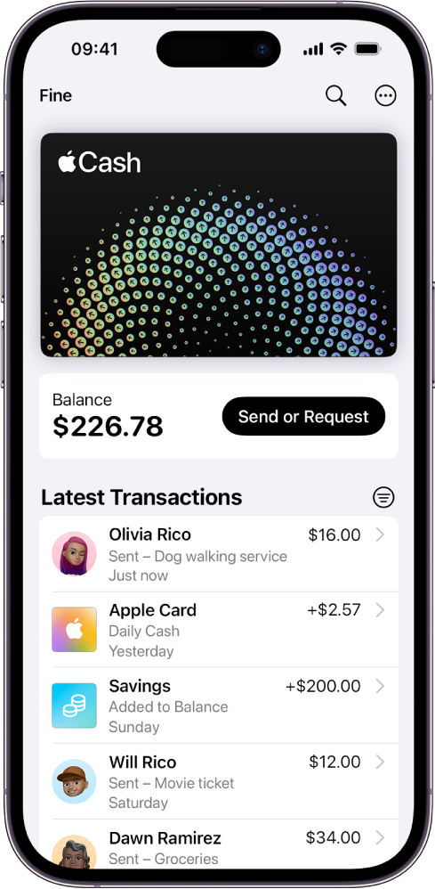 La carta Apple Cash in Wallet. Viene mostrato il pulsante Altro in alto a destra, il saldo corrente e il pulsante Invia o Richiedi al centro, nonché le ultime transazioni in basso.