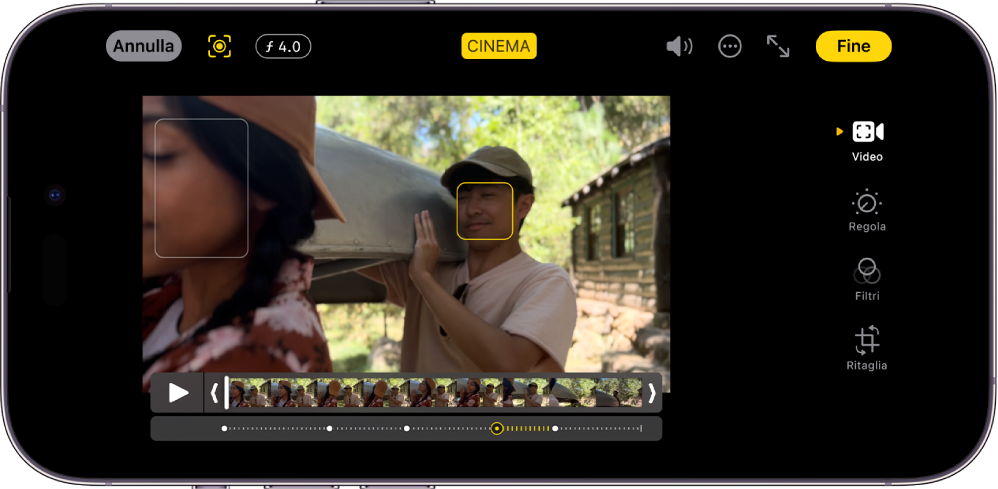 La schermata di modifica di un video in modalità Cinema in orientamento orizzontale. Nella parte in alto a sinistra dello schermo, è presente il pulsante Annulla, il pulsante per attivare o disattivare manualmente la modalità Cinema e quello per regolare la profondità. In alto al centro, il pulsante Cinema è selezionato. In alto a destra, è presente il pulsante del volume, il pulsante “Altre opzioni”, quello per attivare la modalità a tutto schermo e il pulsante Fine. Il video è al centro dello schermo e il soggetto a fuoco è evidenziato da un riquadro. Sotto il video è presente il visore fotogrammi che mostra il punto del video in cui la messa a fuoco del soggetto cambia. I pulsanti di modifica si trovano a destra dello schermo e sono, dall’alto al basso: Video, “Regola colore”, Filtri e Ritaglia.