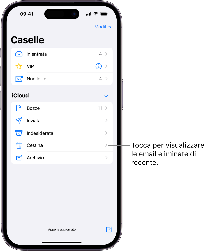 La schermata delle caselle di posta. Sotto iCloud, vengono elencate le caselle dall’alto in basso, incluso il cestino. Toccalo per visualizzare le email che hai eliminato di recente.