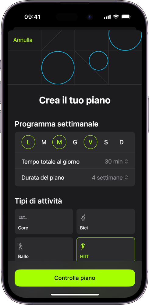 La schermata “Piani personalizzati” che mostra le impostazioni per scegliere il programma settimanale e la durata del piano. I tipi di attività disponibili e il pulsante “Controlla piano” vengono mostrati in basso.