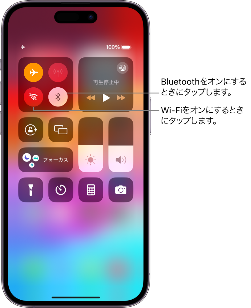 機内モードがオンになっているコントロールセンター。Wi-FiとBluetoothがオフになっていることが示されています。コントロールセンターの左上隅付近には、Wi-FiとBluetoothをオンにするボタンがあります。