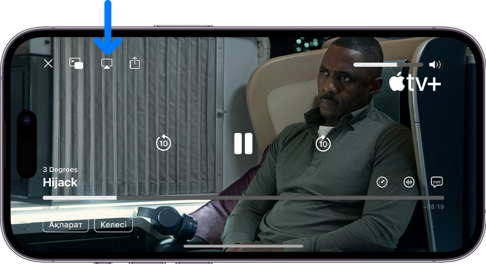 iPhone экранында ойнатылып жатқан фильм. Экранның ортасындағылар — ойнатуды басқару элементтері. AirPlay түймесі жоғарғы сол жаққа жақын орналасқан.