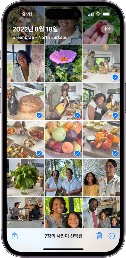 iPhone 화면에 사진 격자로 채워져 있으며 그 중 7개가 선택됨. 화면 하단에 공유, 삭제 및 더 보기 버튼이 있음.