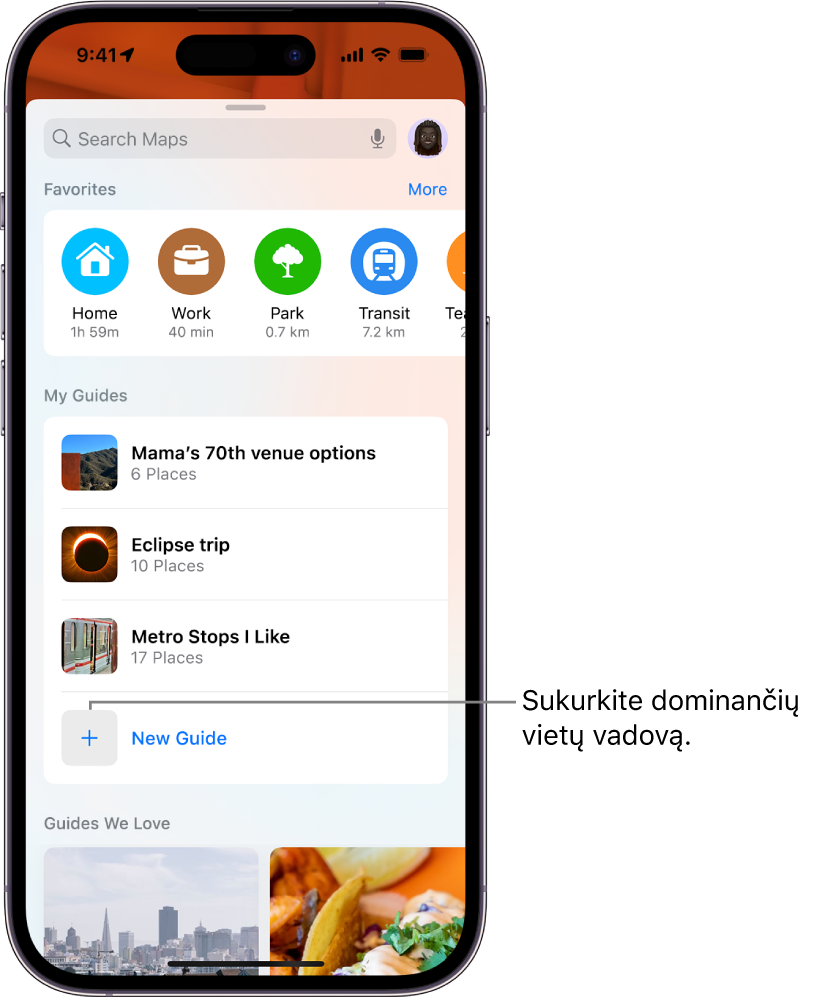 „Maps“ esanti paieškos kortelė su keliais pasirinktiniais vadovais, išvardytais skiltyje „My Guides“, ir apačioje esantis mygtukas „New Guide“.