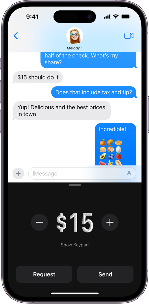 iMessages sarakste un apakšdaļā atvērta Apple Pay.