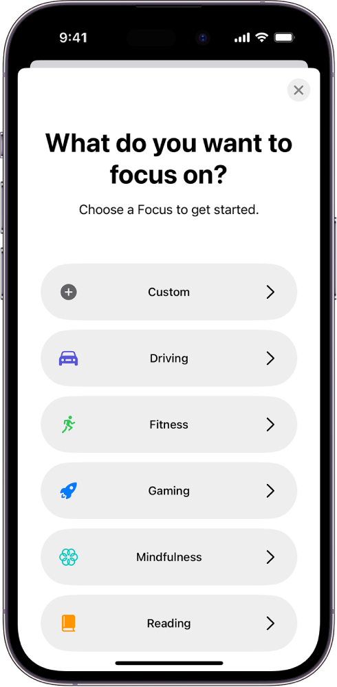 Focus iestatīšanas ekrāns vienai no papildus piedāvātajām Focus opcijām, tostarp Custom, Driving, Fitness, Gaming, Mindfulness un Reading.
