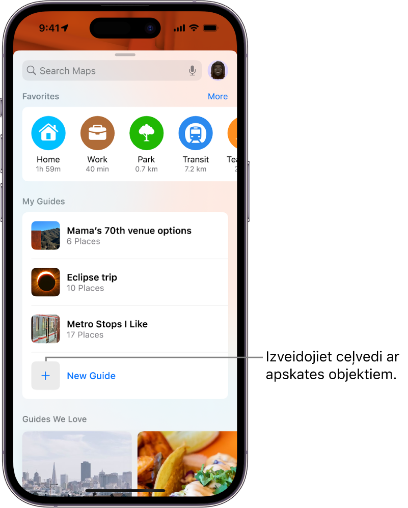 Lietotnes Maps meklēšanas karte ar vairākiem pielāgotiem ceļvežiem, kas uzskaitīti sadaļā My Guides, un ar pogu New Guide, kas ir redzama apakšējā daļā.