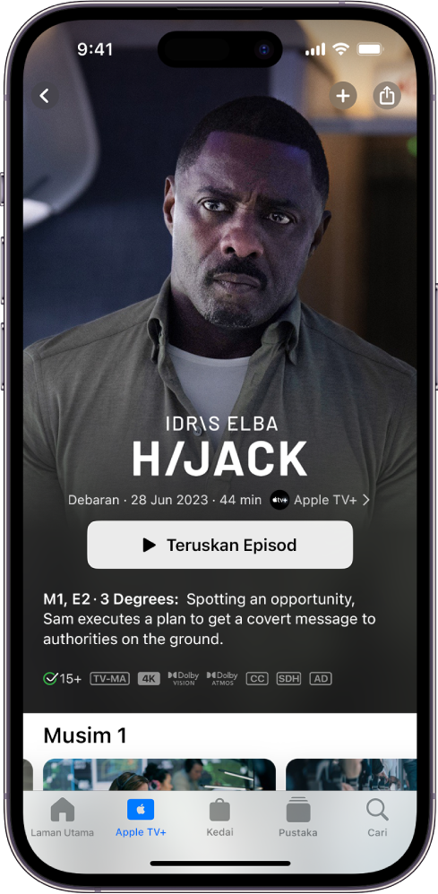 Skrin Apple TV  menunjukkan Apple Original ditampilkan dengan tajuk, butang Teruskan Episod dan perihalan episod. Di bahagian bawah, dari kiri ke kanan, ialah tab Laman Utama, Apple TV , Kedai, Pustaka dan Cari.