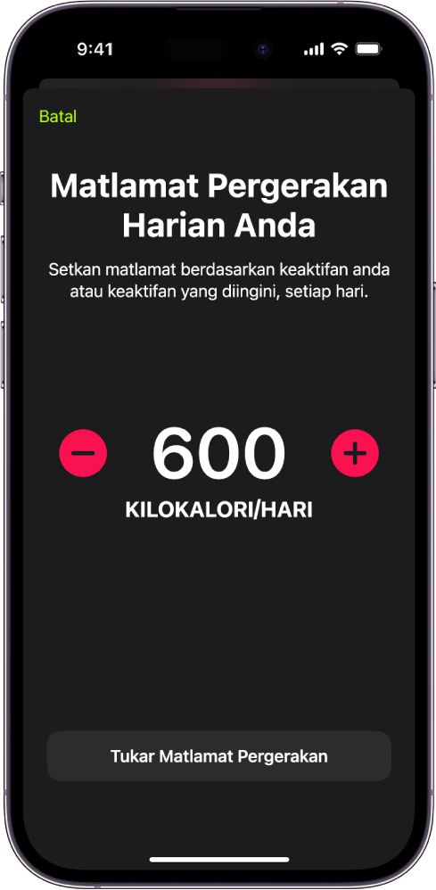 Skrin Matlamat Pergerakan Harian menunjukkan matlamat Pergerakan dan butang untuk meningkatkan atau mengurangkan matlamat.