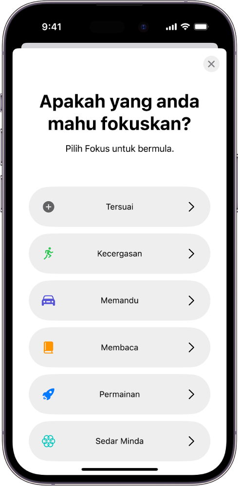 Skrin persediaan Fokus untuk satu daripada pilihan Fokus yang disediakan, termasuk Tersuai, Memandu, Kecergasan, Permainan, Sedar Minda dan Membaca.