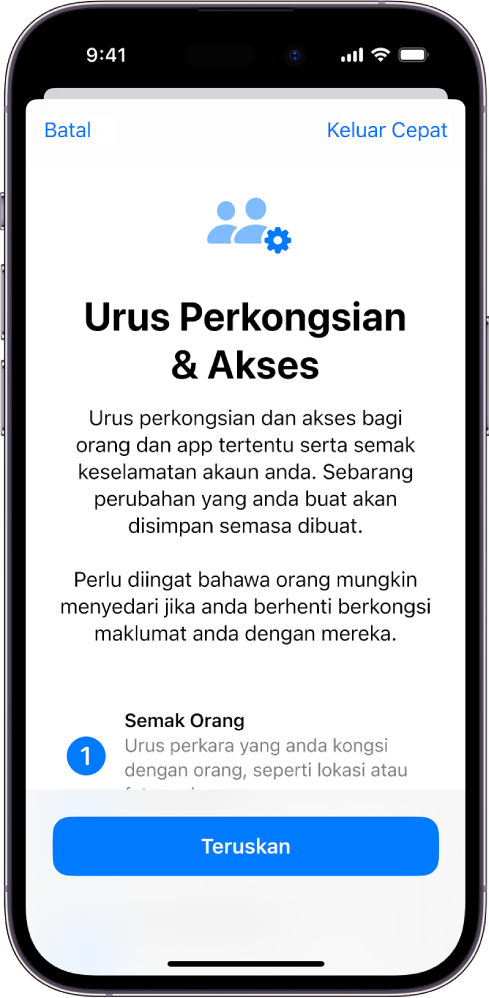 Skrin Urus Perkongsian & Akses dengan maklumat tentang cara ciri berfungsi. Butang Teruskan berada di bahagian bawah.