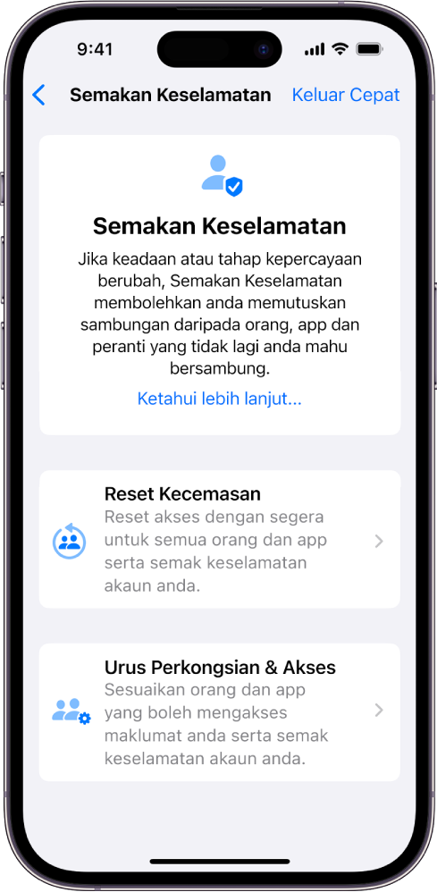 Skrin Semakan Keselamatan menunjukkan maklumat tentang ciri dan butang untuk Reset Kecemasan dan Urus Perkongsian & Akses.