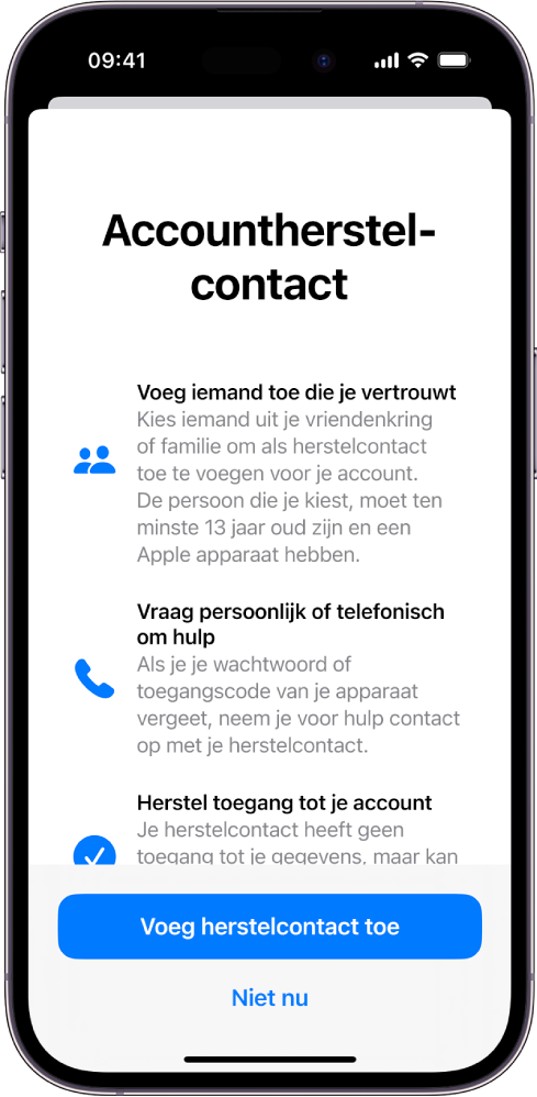 Het scherm 'Accountherstelcontact' met informatie over de functie. Onderin zie je de knop 'Voeg herstelcontact toe'.