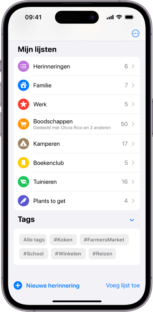 Een scherm met verschillende lijsten in Herinneringen. Onderin staat de tagkiezer.
