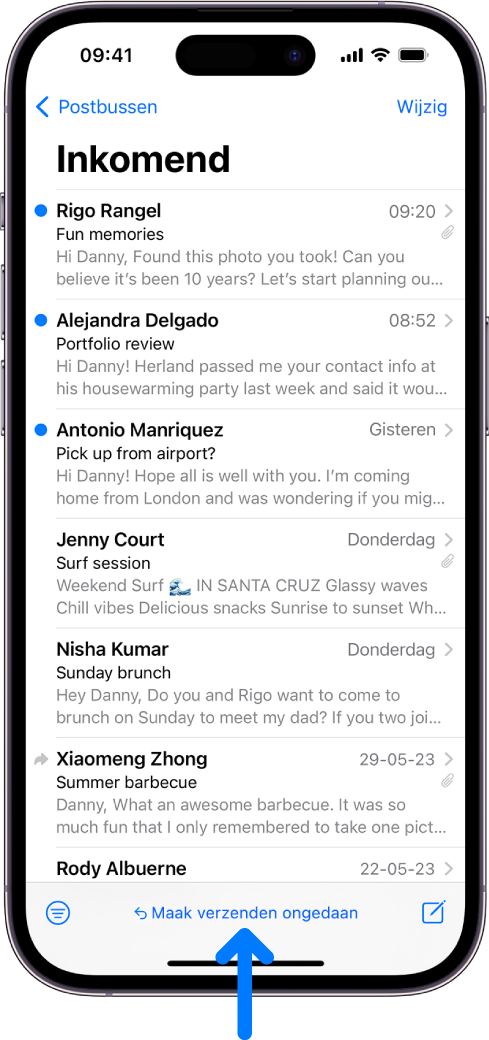 De postbus 'Inkomend' met een lijst met e‑mails. Onder in het scherm, in het midden, staat de knop 'Maak verzenden ongedaan' (om een zojuist verstuurde e‑mail terug te halen).