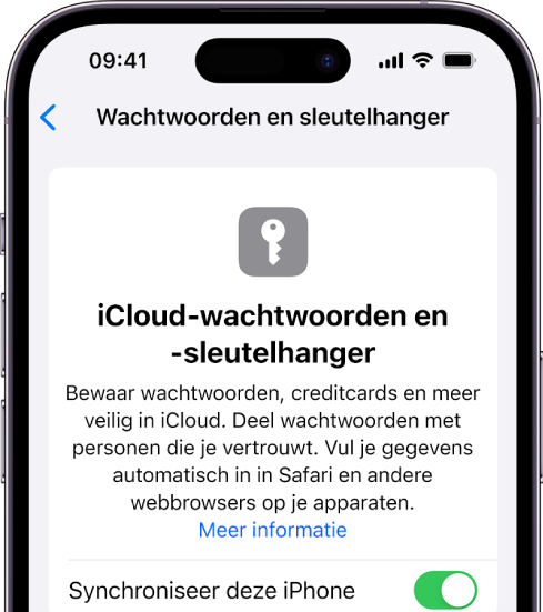 Het scherm 'Wachtwoorden en sleutelhanger' in iCloud, met een instelling om deze iPhone te synchroniseren.