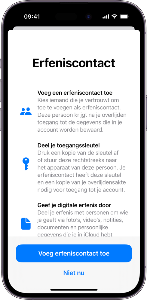 Het scherm 'Erfeniscontact' met informatie over de functie. Onderin zie je de knop 'Voeg erfeniscontact toe'.