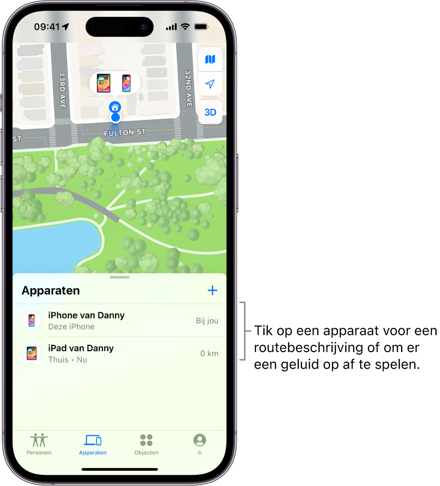 Het Zoek mijn-scherm waarin de lijst 'Apparaten' is geopend. Er staan twee apparaten in de lijst 'Apparaten': de iPhone en iPad van Dennis. Hun locaties worden op een kaart weergegeven.