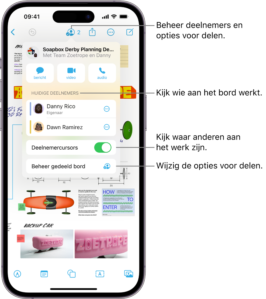 Een gedeeld Freeform-bord op een iPhone waarop het samenwerkingsmenu te zien is.