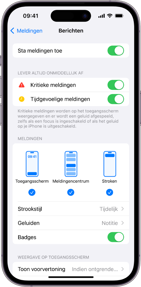 iPhone met Berichten-instellingen voor meldingen.