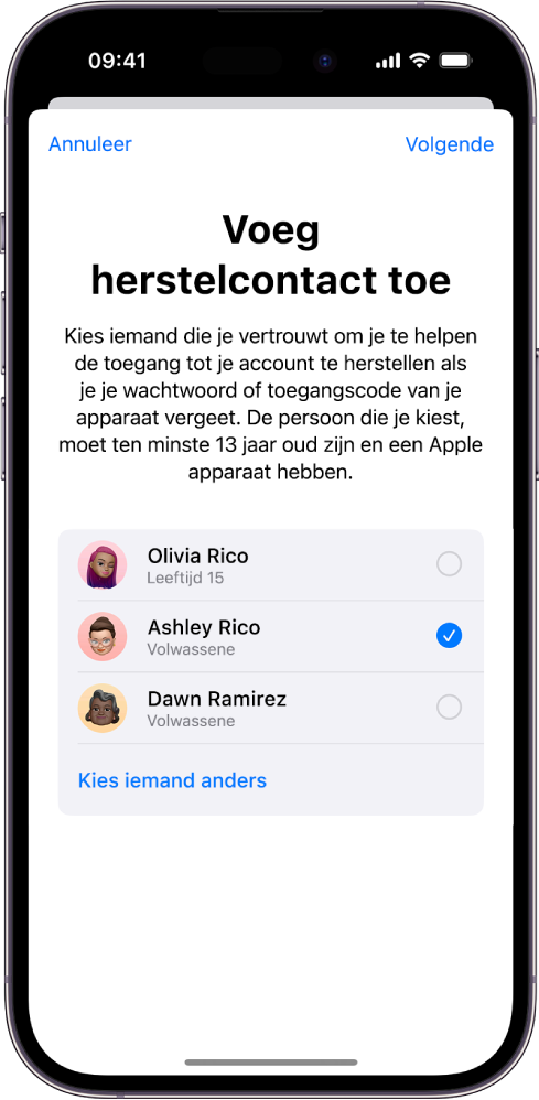 Het scherm 'Voeg herstelcontact toe'.