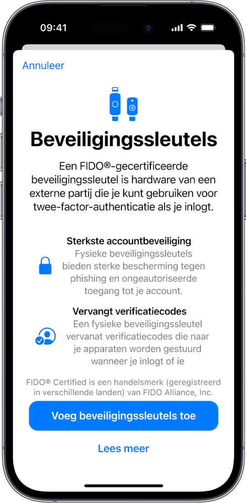 Het welkomstscherm voor beveiligingssleutels. Onderin staan de knop 'Stel beveiligingssleutels in' en de link 'Lees meer'. Erboven staat uitleg over de voordelen van het gebruik van beveiligingssleutels.