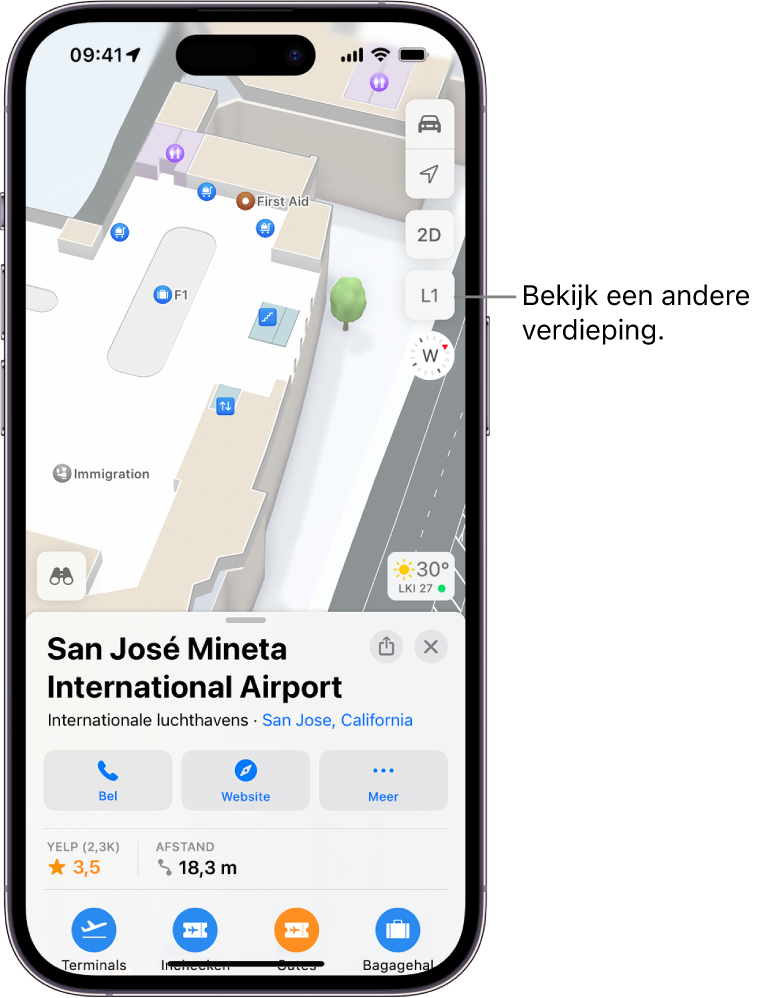 Een plattegrond van een luchthaventerminal. Er zijn voorzieningen als immigratiecontrole, trappen, toiletten en een eerstehulppunt. Bij kaarten van gebouwen met meerdere verdiepingen kun je naar een andere verdieping gaan met de knop 'L1' (voor verdieping 1).