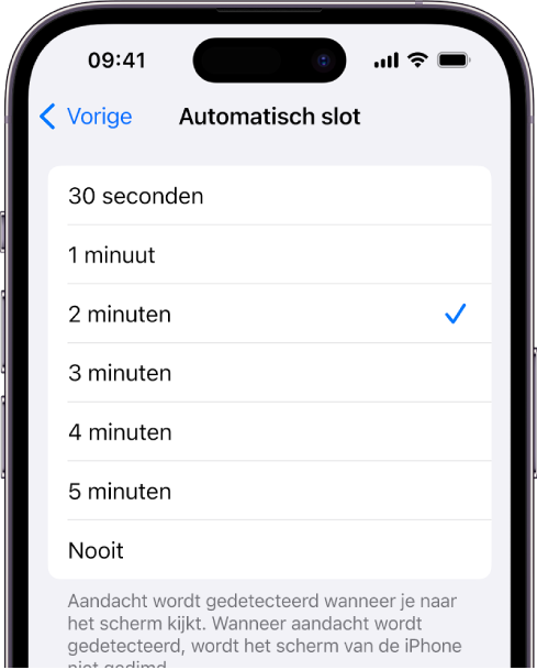 Het scherm 'Automatisch slot', met instellingen voor de tijdsduur waarna de iPhone automatisch wordt vergrendeld.