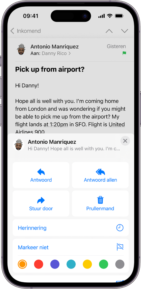 In de onderste helft van het scherm zie je een e‑mail met antwoordopties, waaronder de knop 'Markeer niet' en kleurkeuzes voor markeringen.