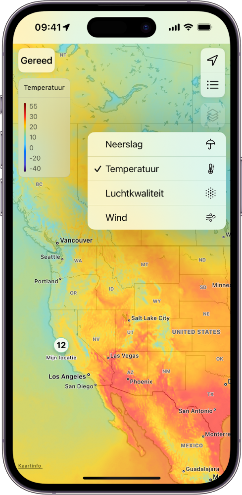 Een temperatuurkaart van de omgeving wordt schermvullend weergegeven. Rechtsbovenin staan van boven naar beneden de knoppen 'Huidige locatie', 'Favoriete locaties' en 'Overlay-menu'. De knop 'Overlay-menu' is geselecteerd en de knoppen voor neerslag, temperatuur, luchtkwaliteit en wind zijn te zien. De temperatuurknop is geselecteerd. Linksboven staan de knop 'Gereed' en de schaal voor de temperatuurkaart.